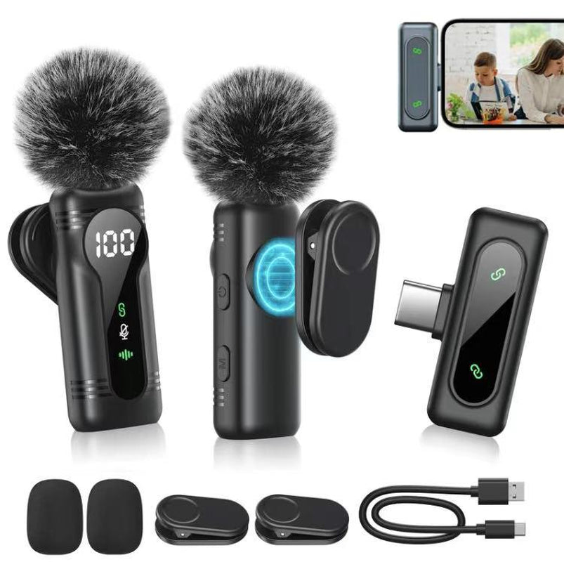 Wireless Lavalier Microphone Dual Set – Plug & Play Clip-On Mic with Auto Pairing, Magnetic Mount, Noise Cancelling with LED Display for Iphone, Android, USB-C Devices,Vlog & Video Recording