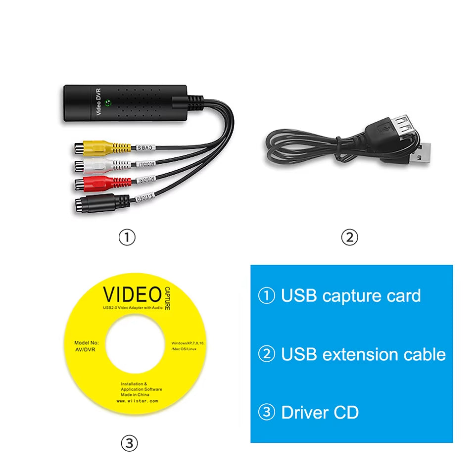 USB Video Capture Card Easy Cap VHS VCR Mini DV Hi8 DVD to Digital Converter Rca/S-Video to USB 2.0 Audio Video Record Capture.
