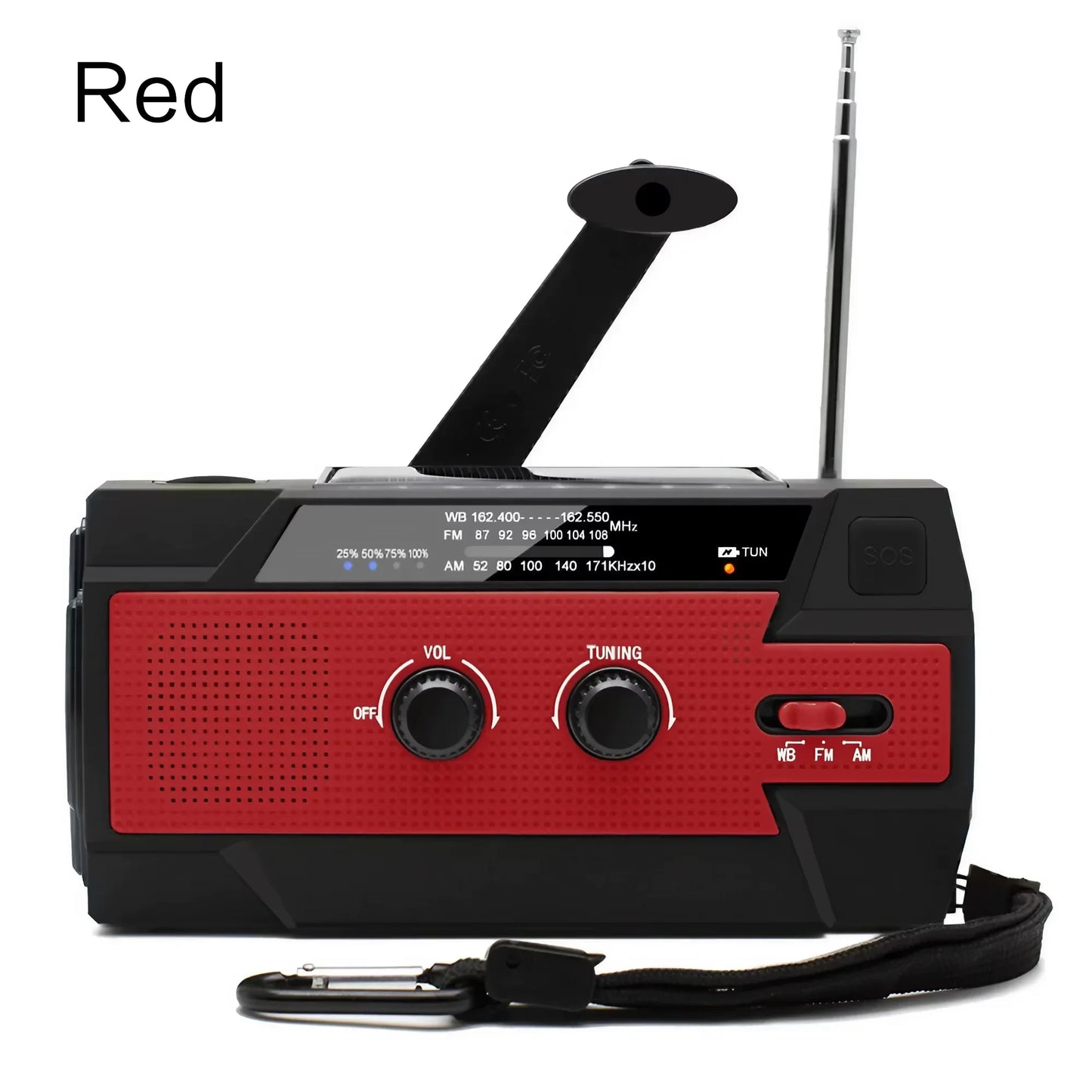 AM/FM/WB Reception, Hand Crank/Solar/Usb Charging, Power Bank, 3-Mode Flashlight Battery Display, and SOS Alert Feature.