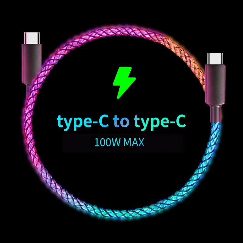 Fast Charging RGB Cable 100W Breathing Light 66W Type C USB C Data Cable for Iphone Samsung Huawei 30W Quick Charge for Xiaomi.