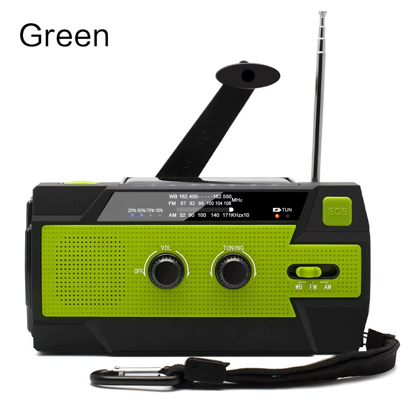AM/FM/WB Reception, Hand Crank/Solar/Usb Charging, Power Bank, 3-Mode Flashlight Battery Display, and SOS Alert Feature.