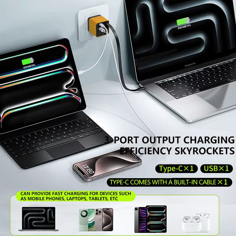 3 in 1 Gan Charger Retractable 80W MAX Fast Charger Block with Type-C Cable 2USB Ports Portable Adapter Mobile Phone Charger New.