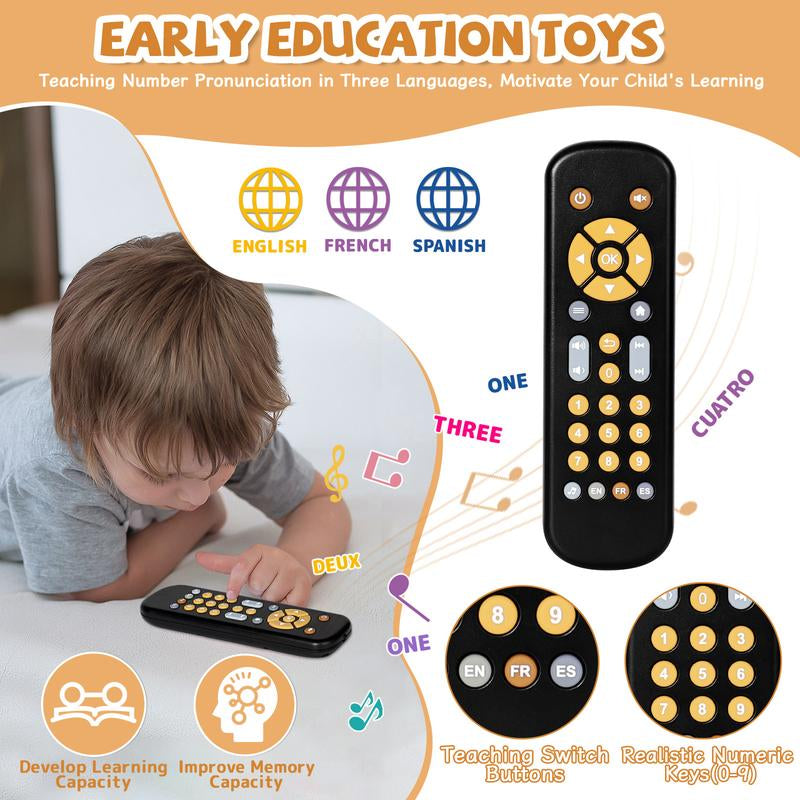 Orzbow Baby Remote Control Toy for 6 Months+ with Music, TV Remote Toy with Realistic Light and Sound - English, French and Spanish for Infant Play Remote Musical Toys, BPA Free, Black