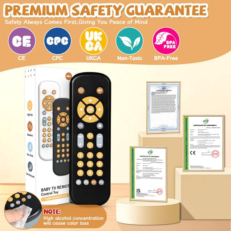 Orzbow Baby Remote Control Toy for 6 Months+ with Music, TV Remote Toy with Realistic Light and Sound - English, French and Spanish for Infant Play Remote Musical Toys, BPA Free, Black