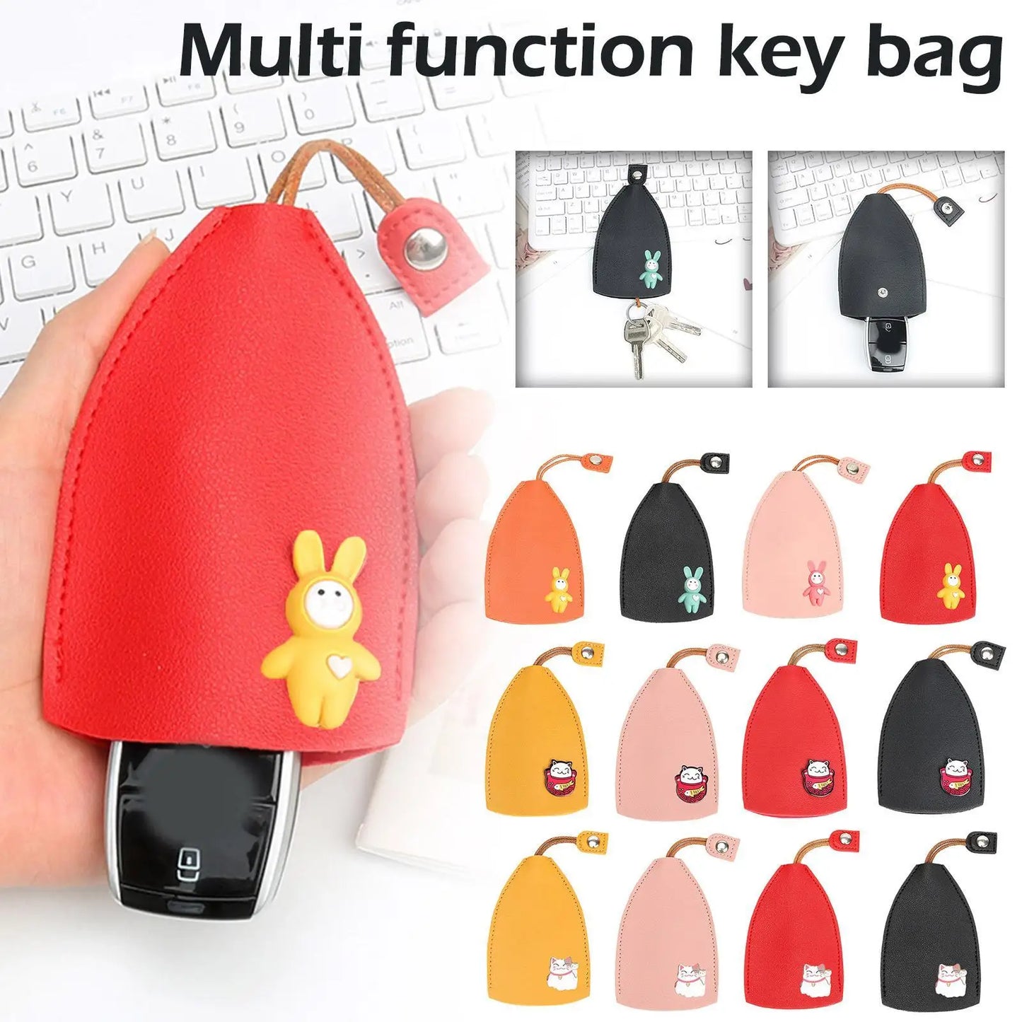 Cute Pull Out Key Case Cartoon Animals Rabbit Cat PU Leather Key Wallets Housekeepers Car Key Holder Case Leather Bag for Keys.