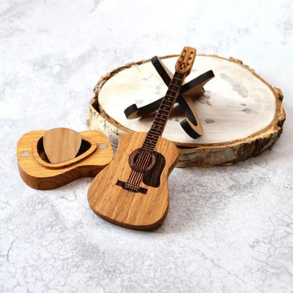 Wooden Acoustic Guitar Pick Box with Stand and 3 Pcs Picks Engraved Guitar Picks Holder Retro Case Unique Music Gift