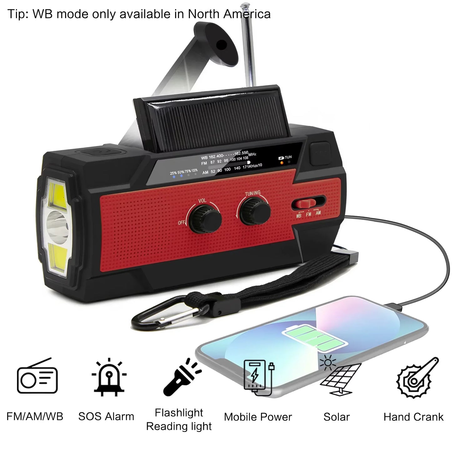 AM/FM/WB Reception, Hand Crank/Solar/Usb Charging, Power Bank, 3-Mode Flashlight Battery Display, and SOS Alert Feature.